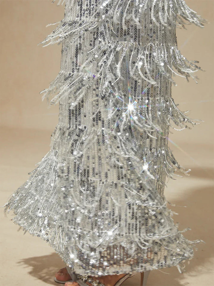 Silver Sequin Fringe Maxi Dress for Party