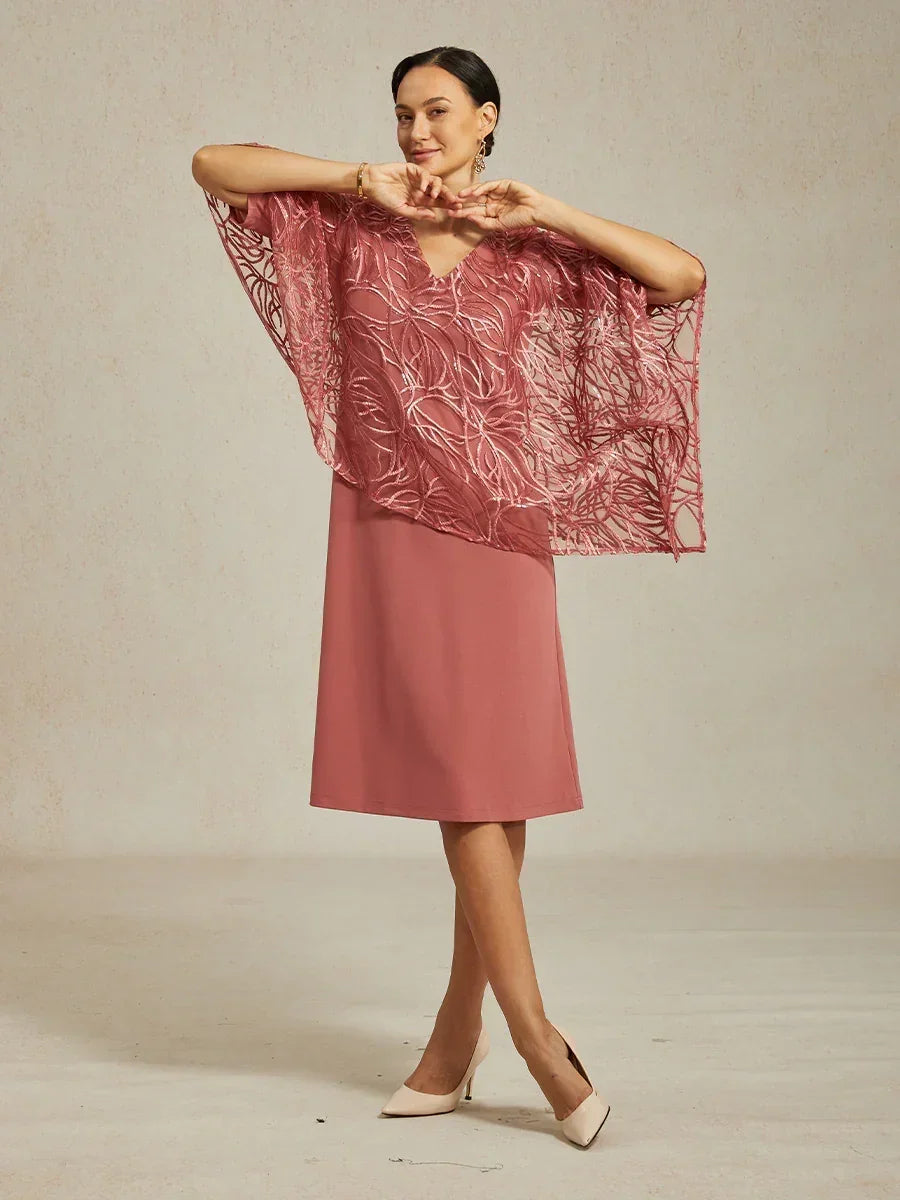 Sequin Knee Length V Neck Overlay Dress