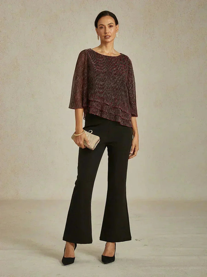 Metallic Pleated Chiffon Asymmetrical Layered Blouse