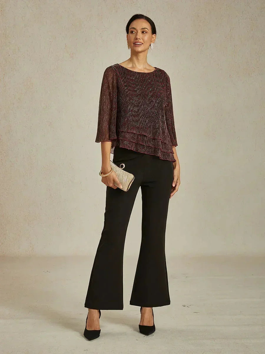 Metallic Pleated Chiffon Asymmetrical Layered Blouse