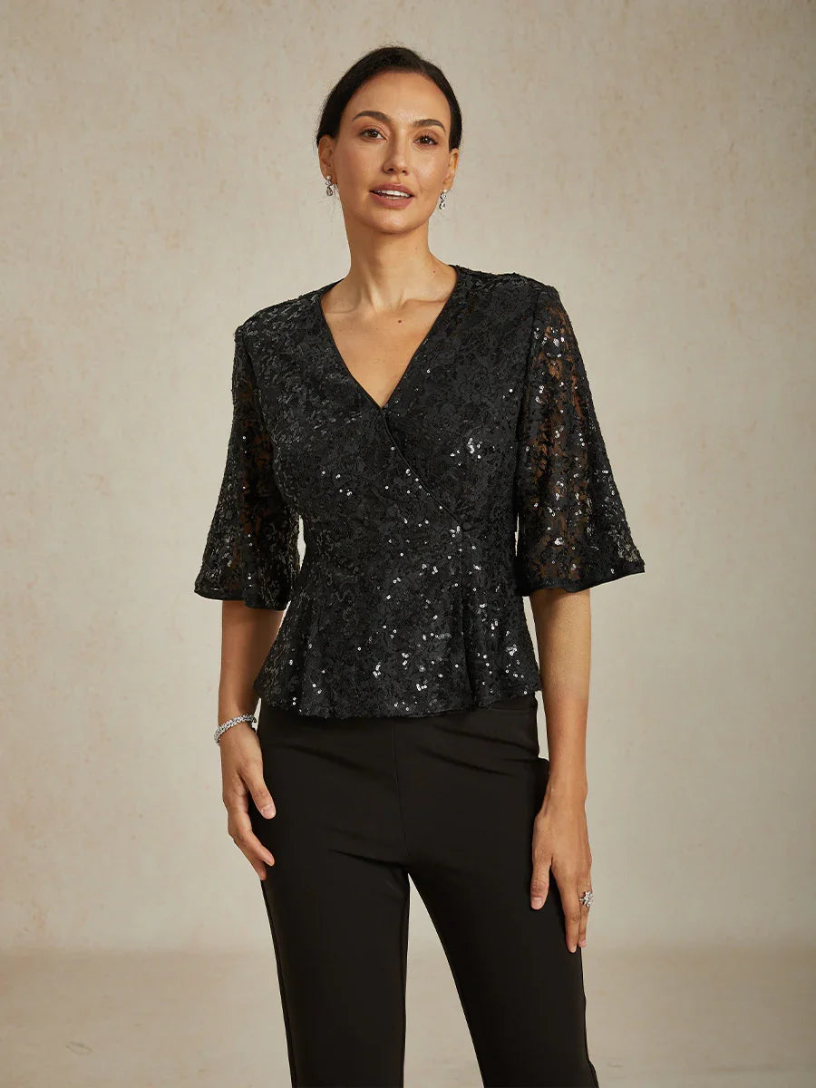 3/4 Sleeve Stretch Lace Blouse with Sequin Detail