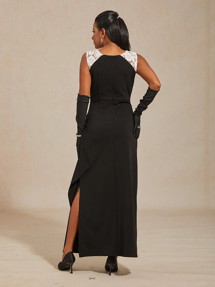 Sleeveless Matte Satin Dress with Lace Detail
