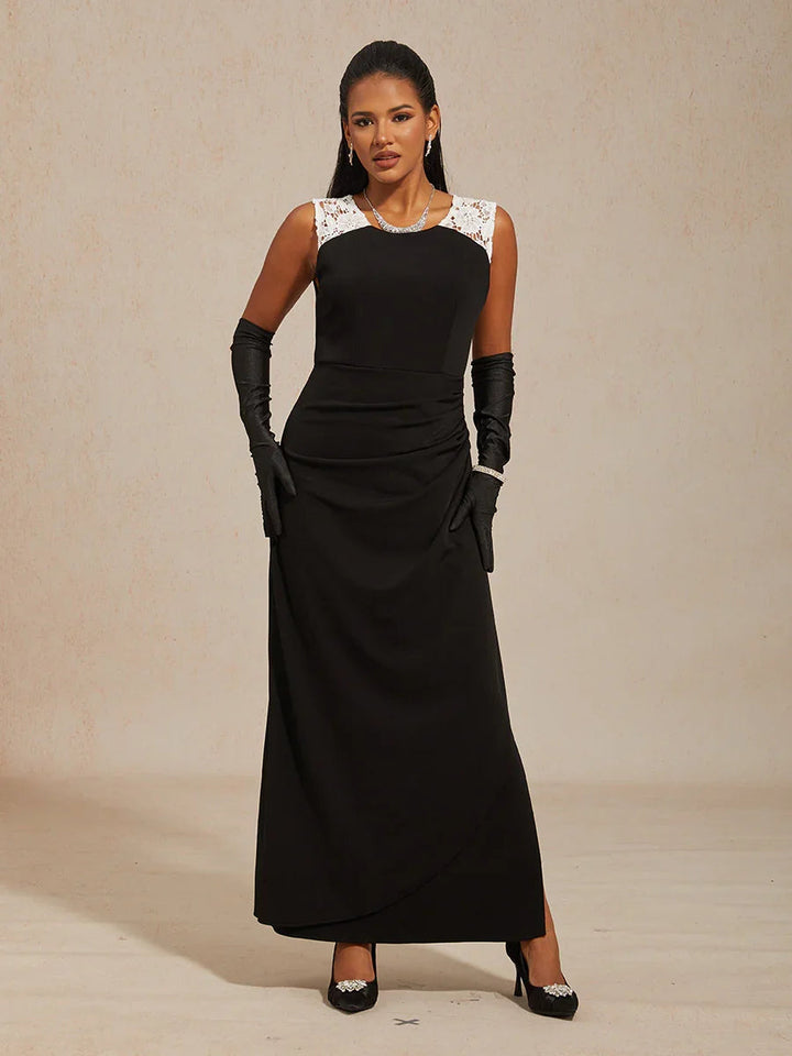 Sleeveless Matte Satin Dress with Lace Detail