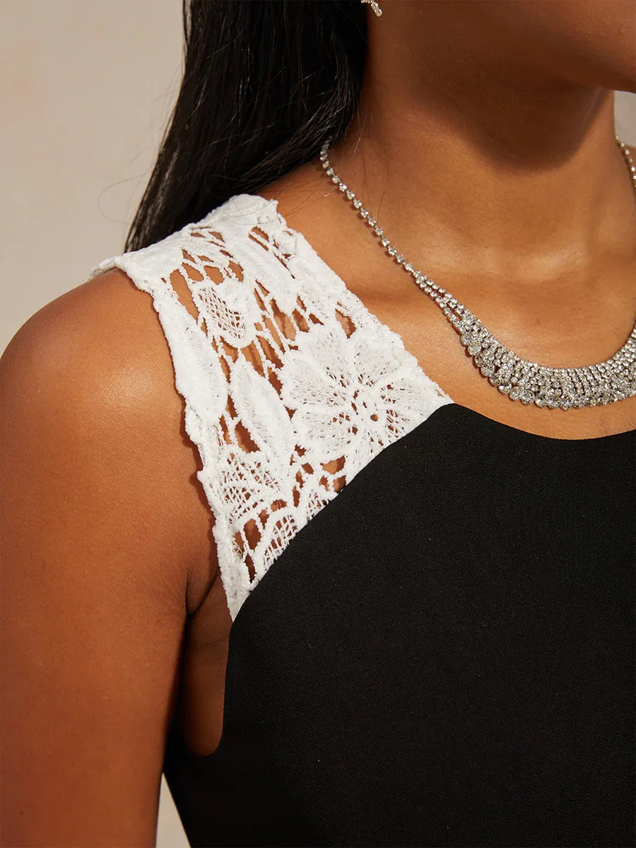 Sleeveless Matte Satin Dress with Lace Detail