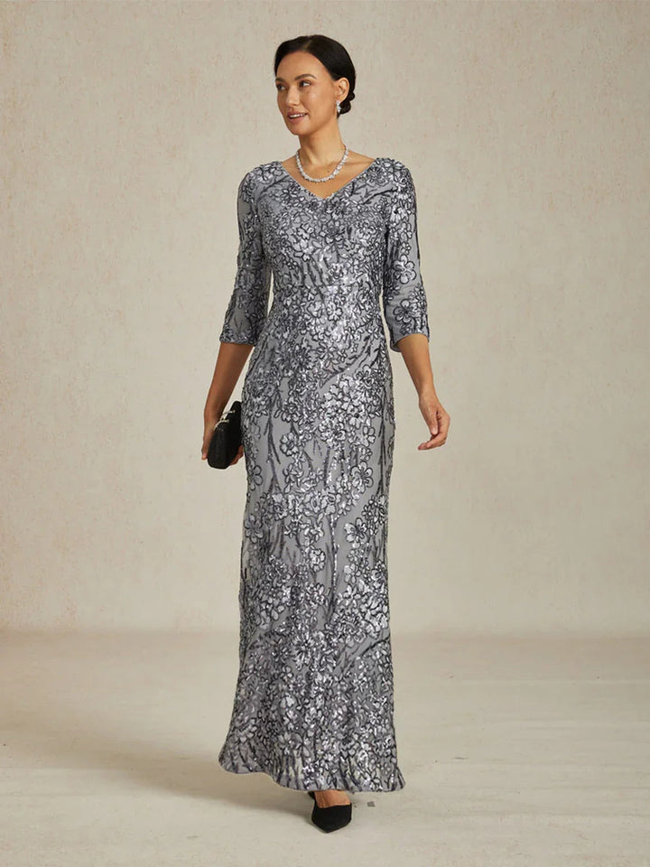 V-Neck Sequin Embroidered Lace Maxi Dress
