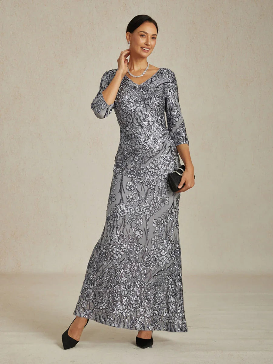 V-Neck Sequin Embroidered Lace Maxi Dress