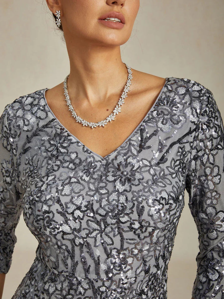 V-Neck Sequin Embroidered Lace Maxi Dress