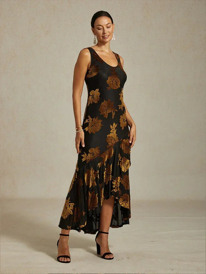 Floral Evening Gown with Asymmetrical Hem