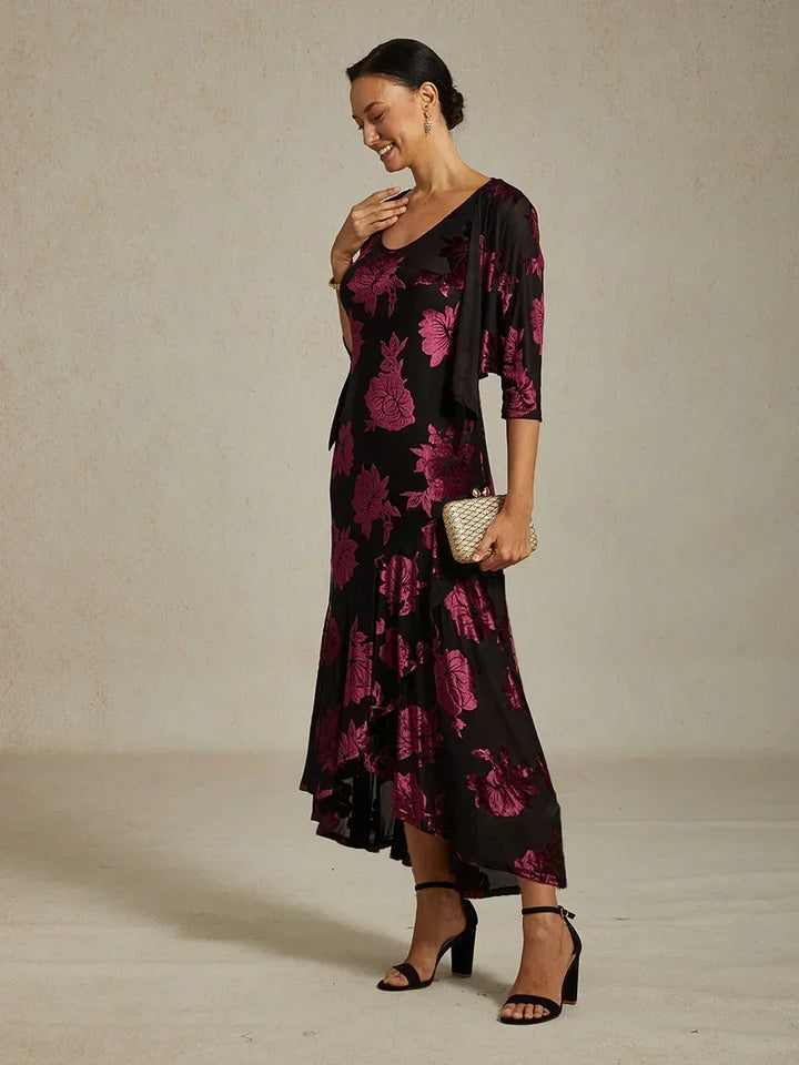 Floral Evening Gown with Asymmetrical Hem