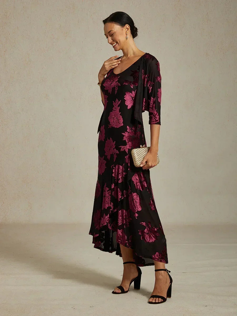 Floral Evening Gown with Asymmetrical Hem