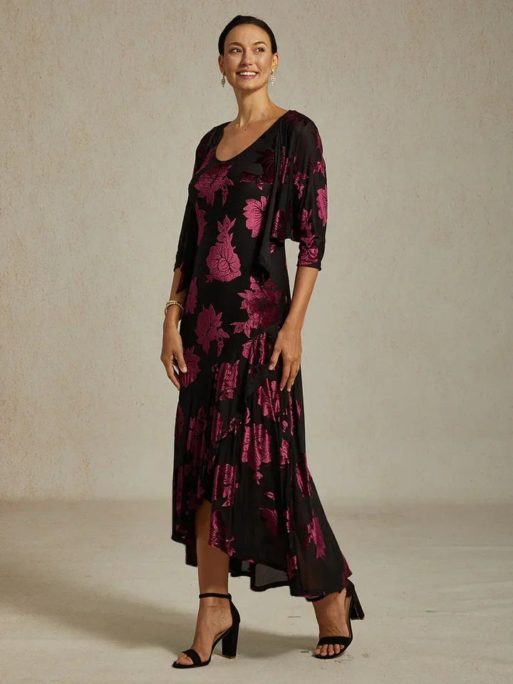 Floral Evening Gown with Asymmetrical Hem