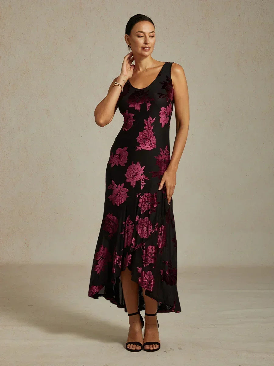 Floral Evening Gown with Asymmetrical Hem