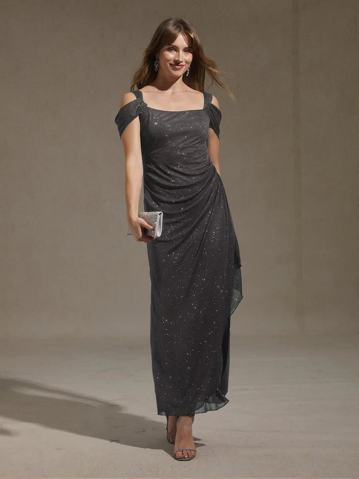 Ankle-Length Cold Shoulder Glitter Mesh Dress