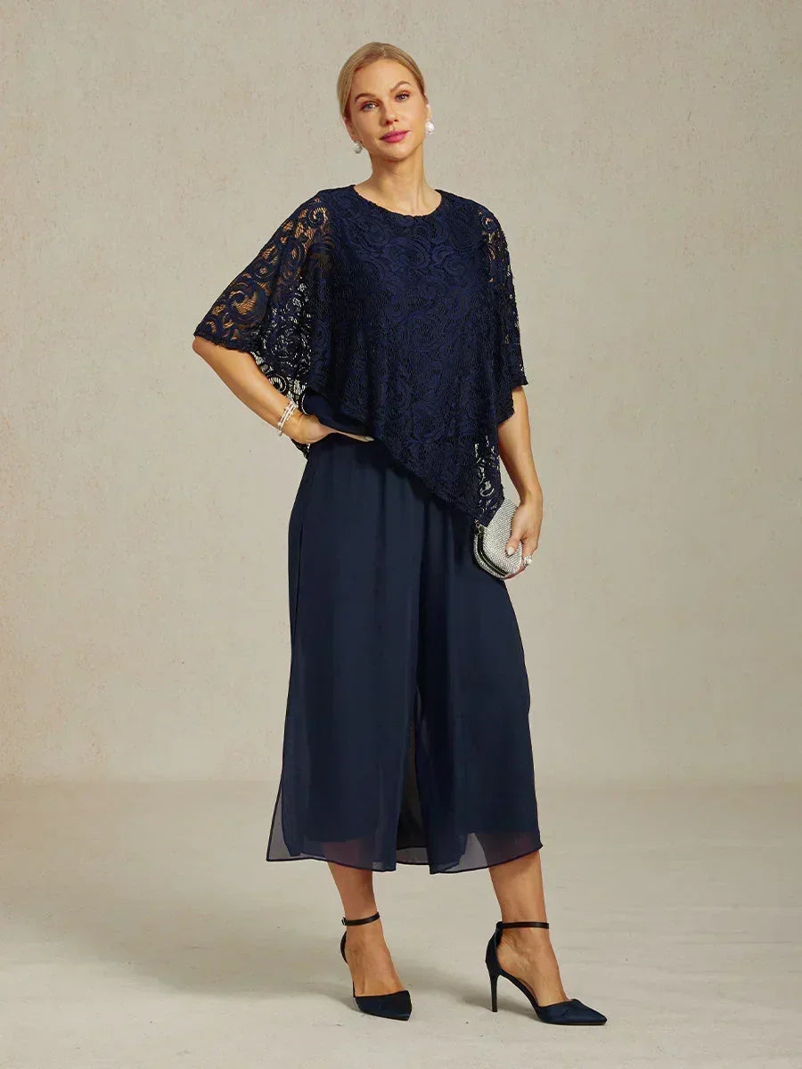 Cropped Length Straight Leg Pant With Chiffon Split Leg Overlay