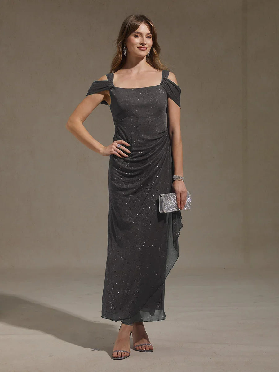 Ankle-Length Cold Shoulder Glitter Mesh Dress