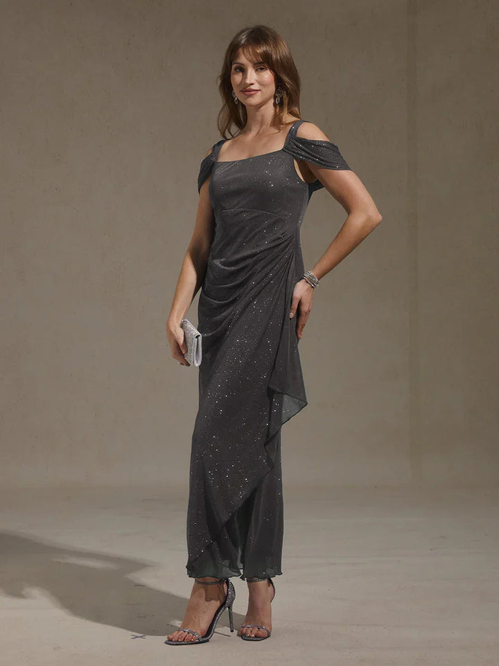 Ankle-Length Cold Shoulder Glitter Mesh Dress