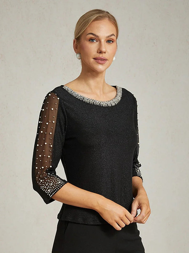 Beaded 3/4 Sleeve Metallic Knit Blouse