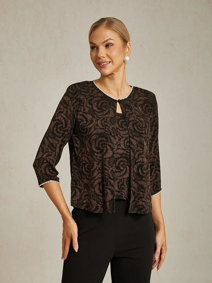 3/4 Sleeve Knit Mock Twinset with Floral Pattern