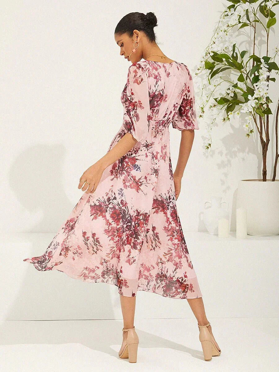 Puff Sleeve Floral Chiffon Dress