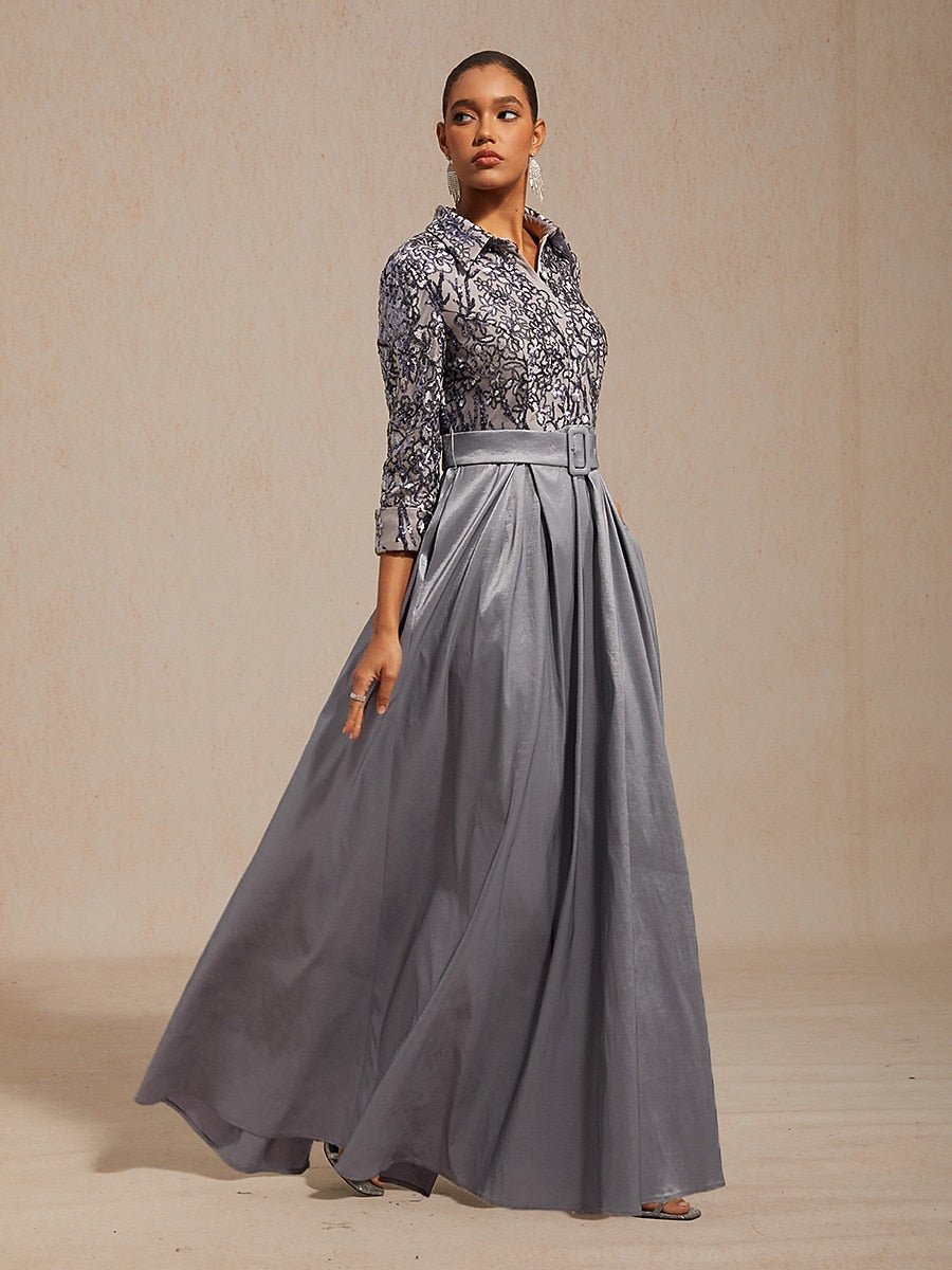 Stretch Taffeta Embroidered Cocktail Dress with Sequin Bodice