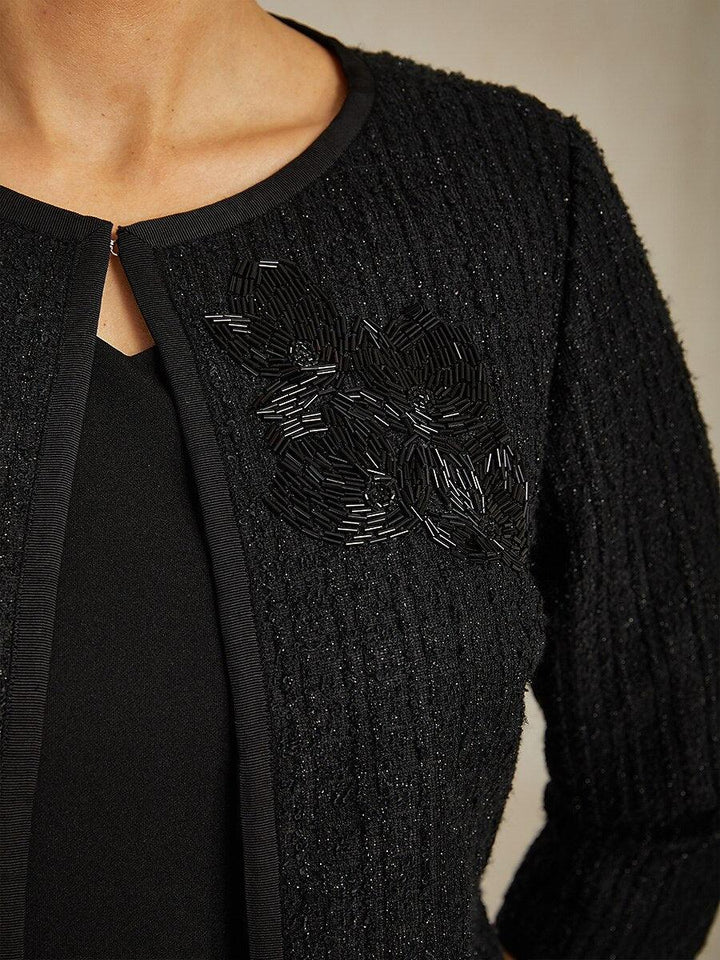 Cropped 3/4 Sleeve Tweed Jacket with Beaded Embroidery