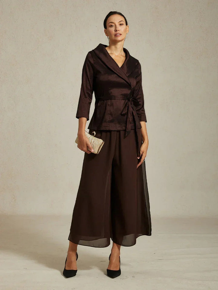 Cropped Length Straight Leg Pant With Chiffon Split Leg Overlay