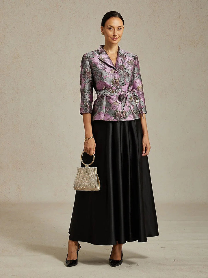 3/4 Sleeve Floral Jacquard Blouse with Tie Waist