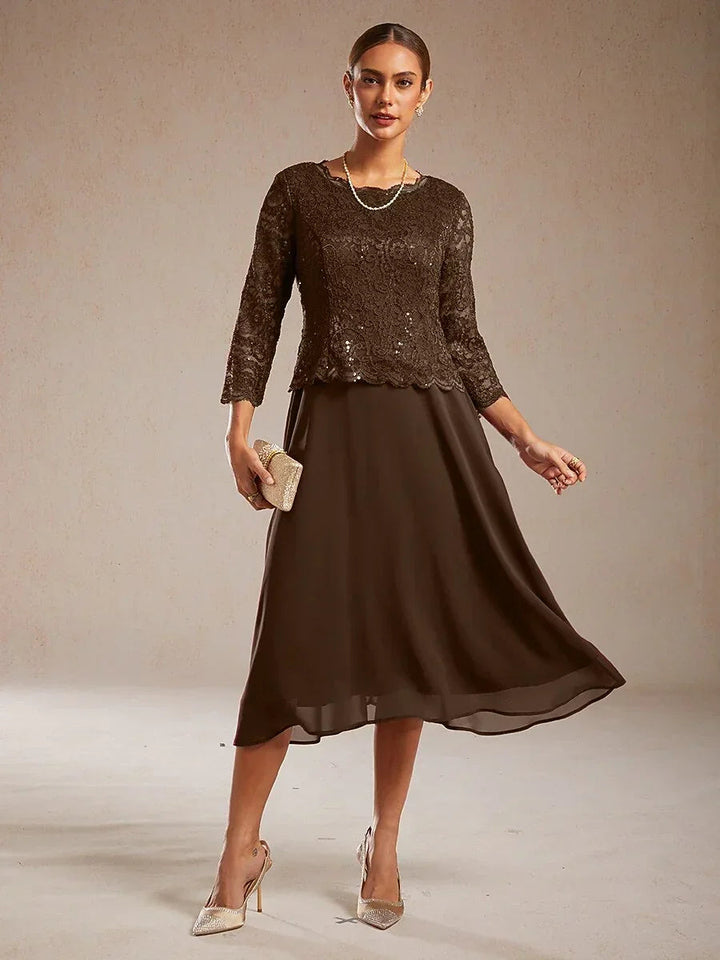 Elegant Lace and Chiffon Tea-Length Dress