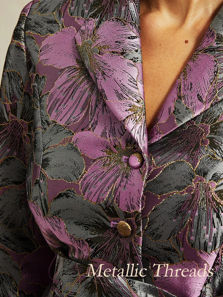 3/4 Sleeve Floral Jacquard Blouse with Tie Waist