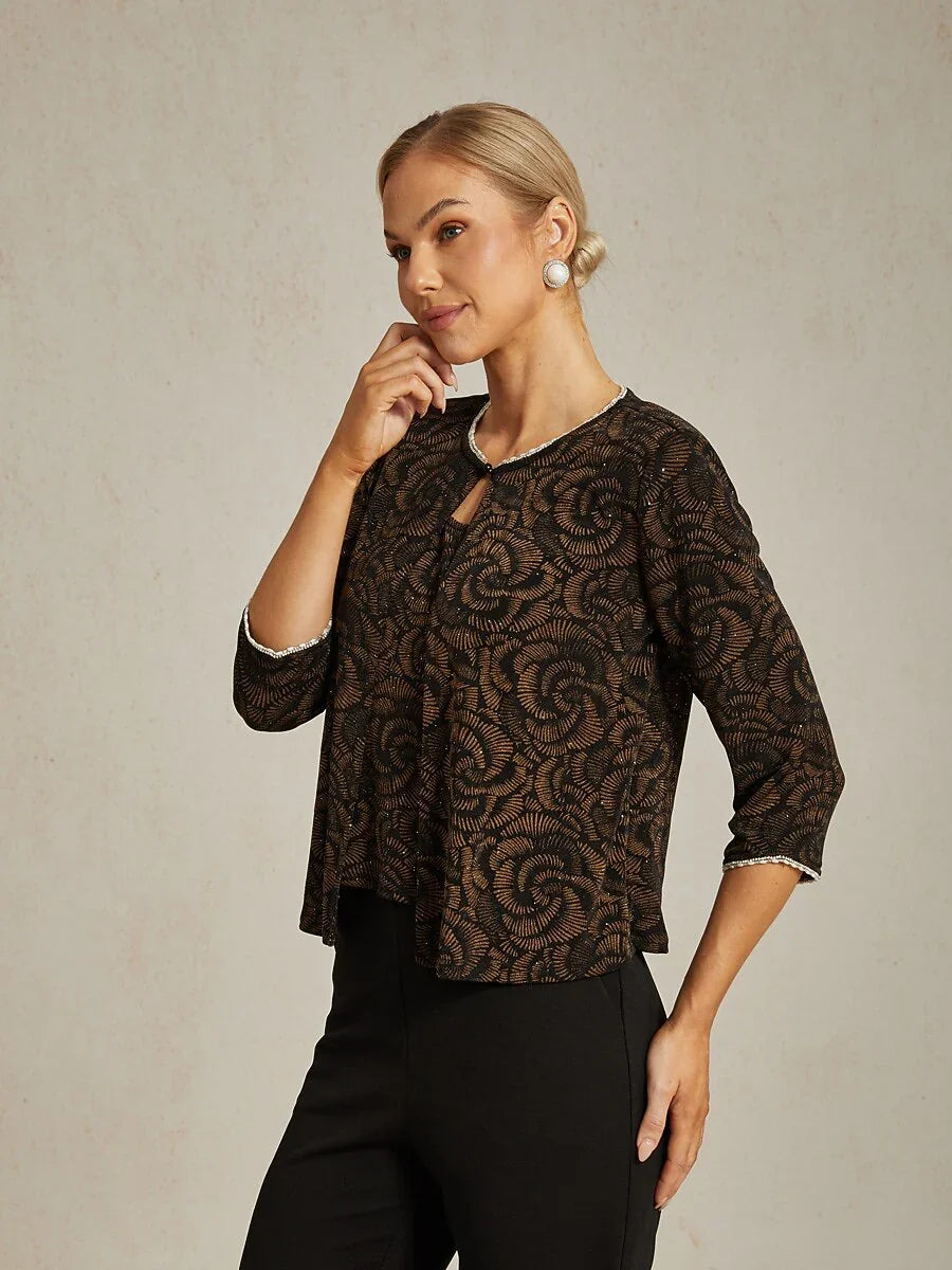 3/4 Sleeve Knit Mock Twinset with Floral Pattern