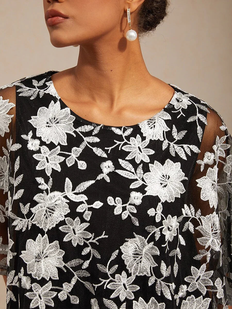 Embroidered Mesh Lace Top with Batwing Sleeves