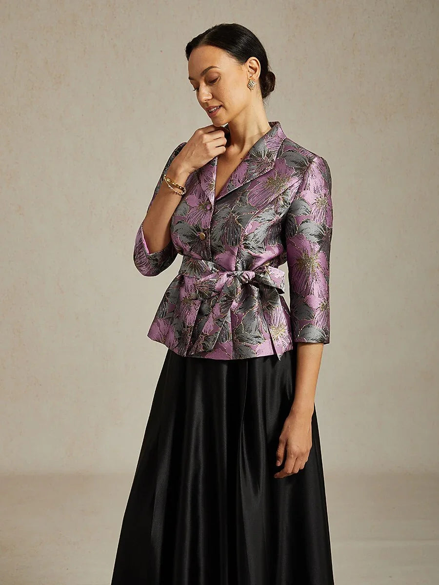 3/4 Sleeve Floral Jacquard Blouse with Tie Waist