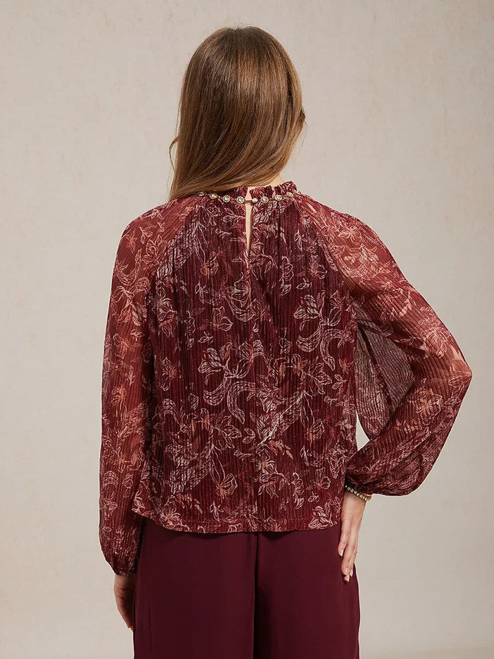 Ruffled Cold Shoulder Chiffon Blouse with Metallic Detail