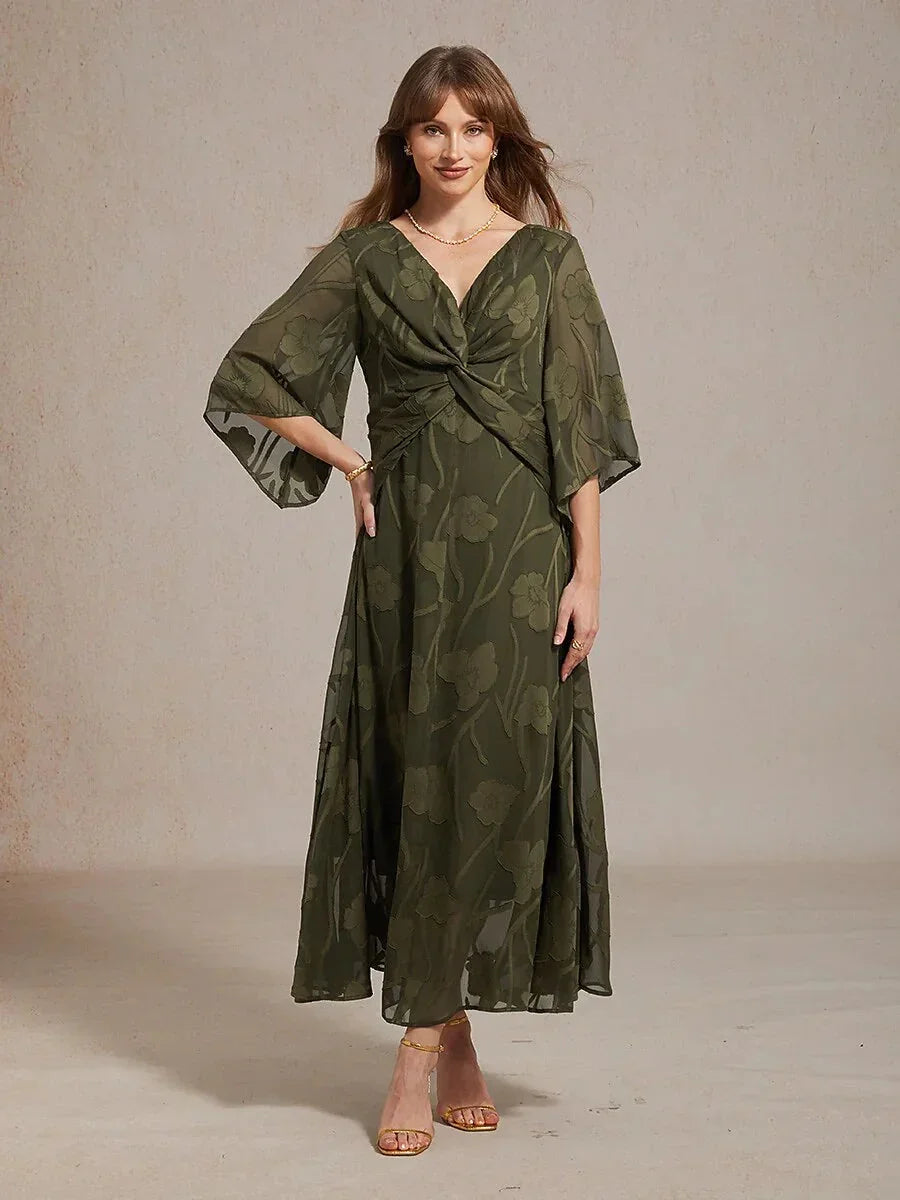 Lace Floral Twisted Ruffle Chiffon Maxi Dress