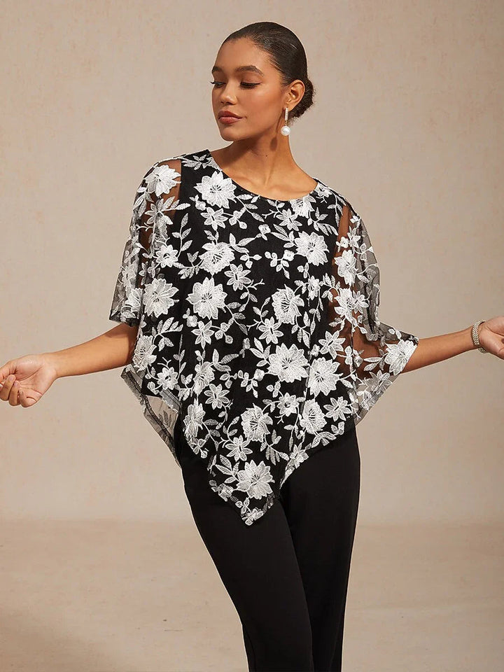 Embroidered Mesh Lace Top with Batwing Sleeves