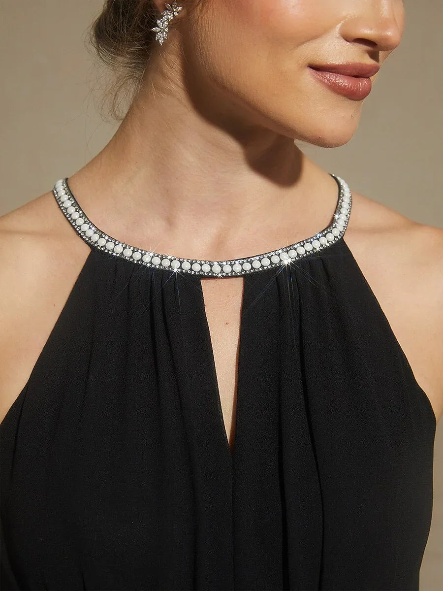 Chiffon Pearl Halter Neck Floor-Length Dress with Wrinkle Resistant chiffon