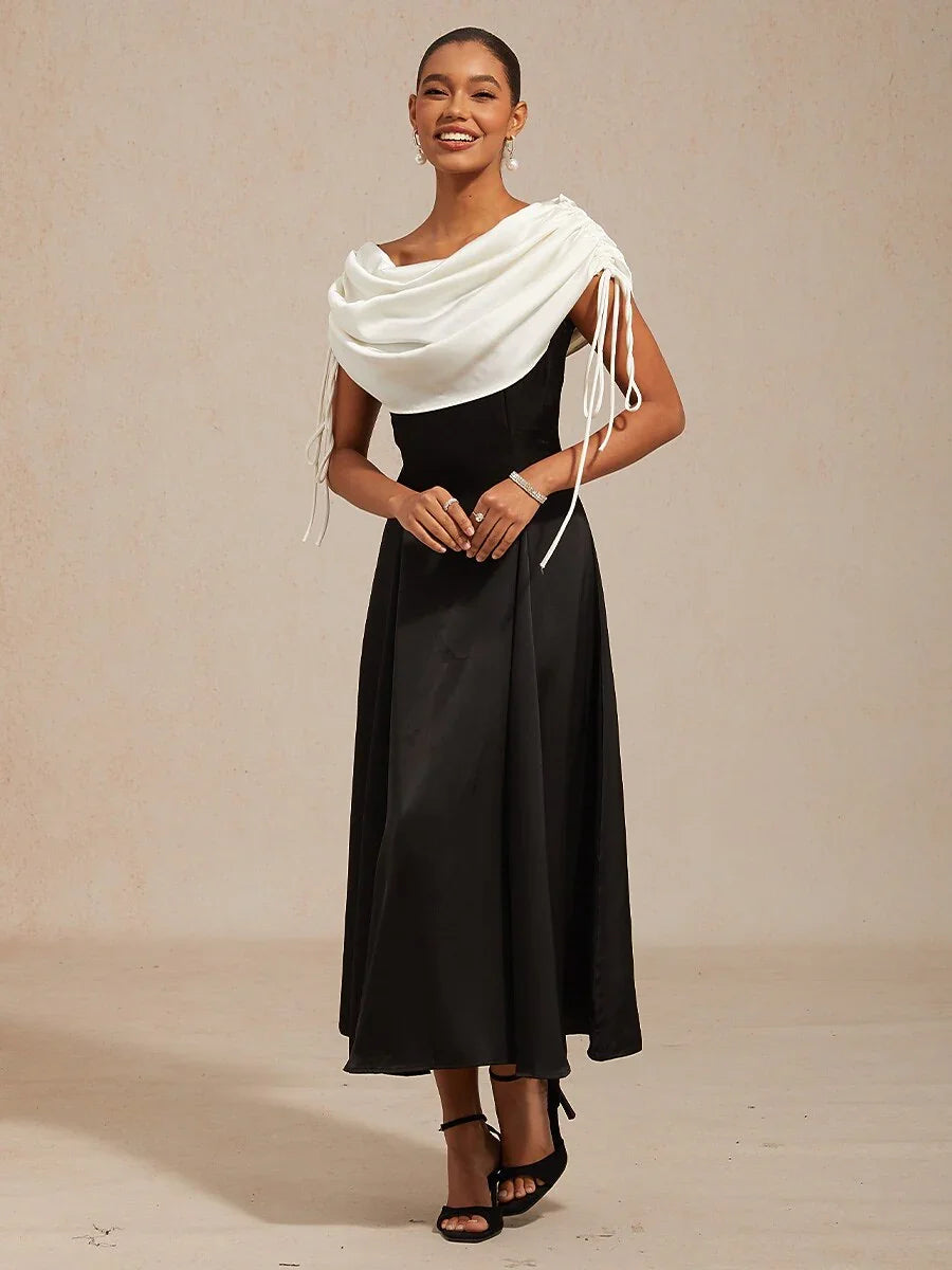 Satin Black and White Dress with Shoulder Tie Design