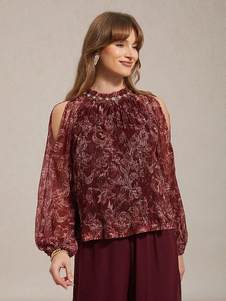 Ruffled Cold Shoulder Chiffon Blouse with Metallic Detail