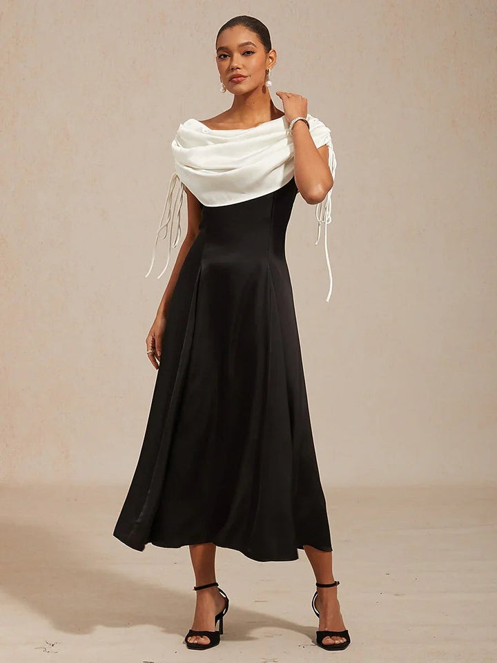 Satin Black and White Dress with Shoulder Tie Design