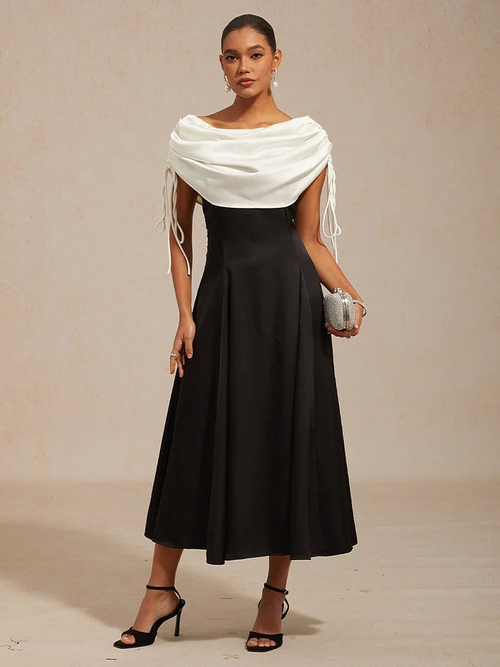 Satin Black and White Dress with Shoulder Tie Design