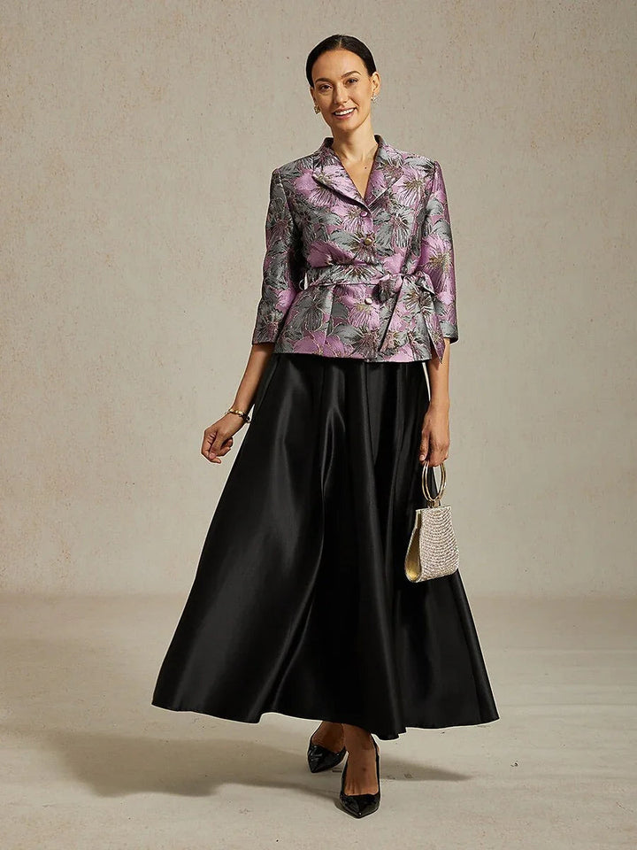 3/4 Sleeve Floral Jacquard Blouse with Tie Waist