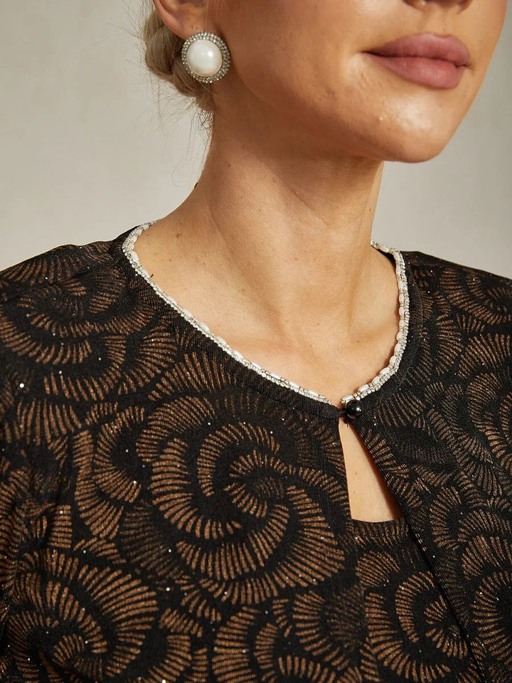 3/4 Sleeve Knit Mock Twinset with Floral Pattern