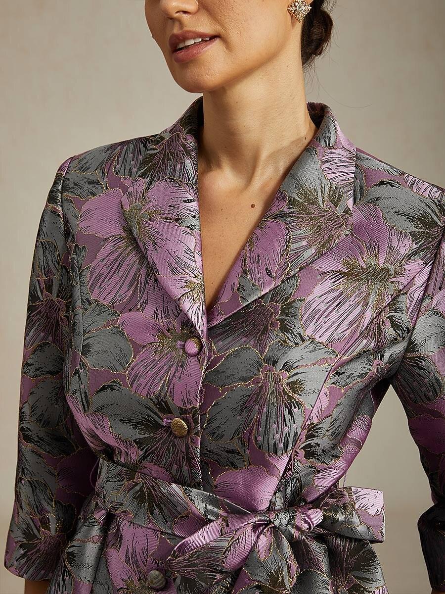 3/4 Sleeve Floral Jacquard Blouse with Tie Waist