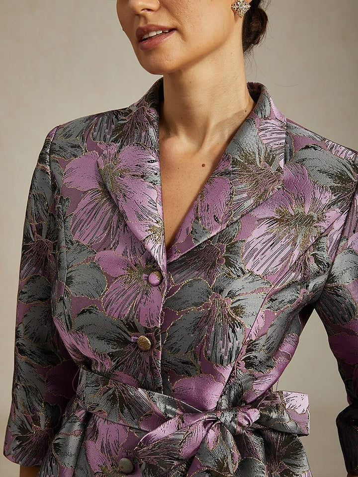 3/4 Sleeve Floral Jacquard Blouse with Tie Waist