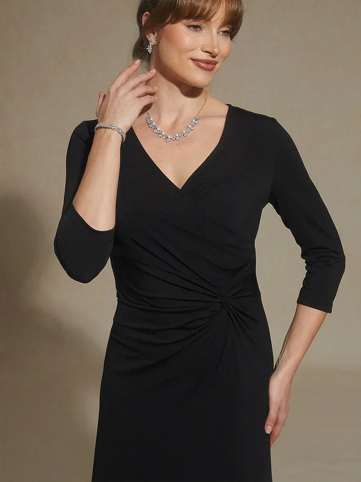 Black V-Neck A-Line Knit Dress with Waist Twist Design