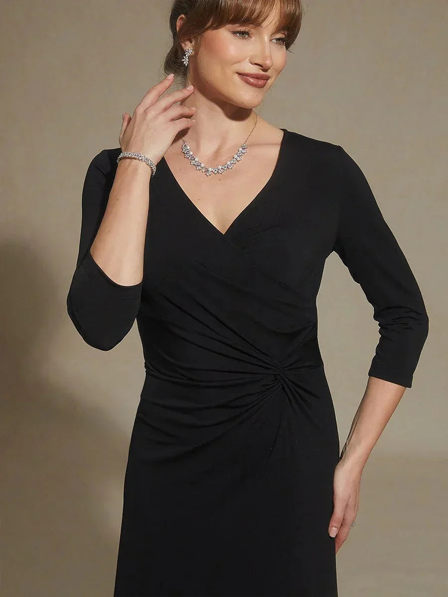 Black V-Neck A-Line Knit Dress with Waist Twist Design