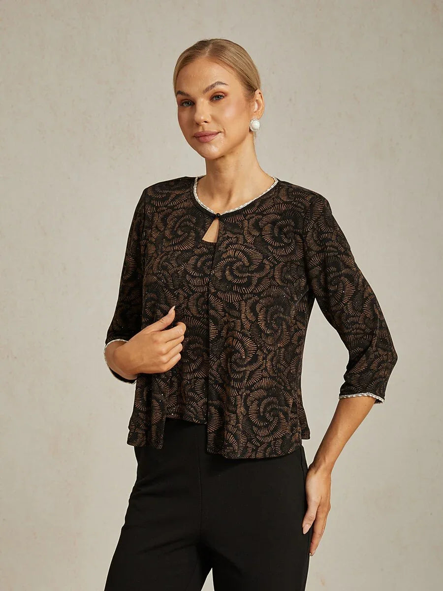 3/4 Sleeve Knit Mock Twinset with Floral Pattern