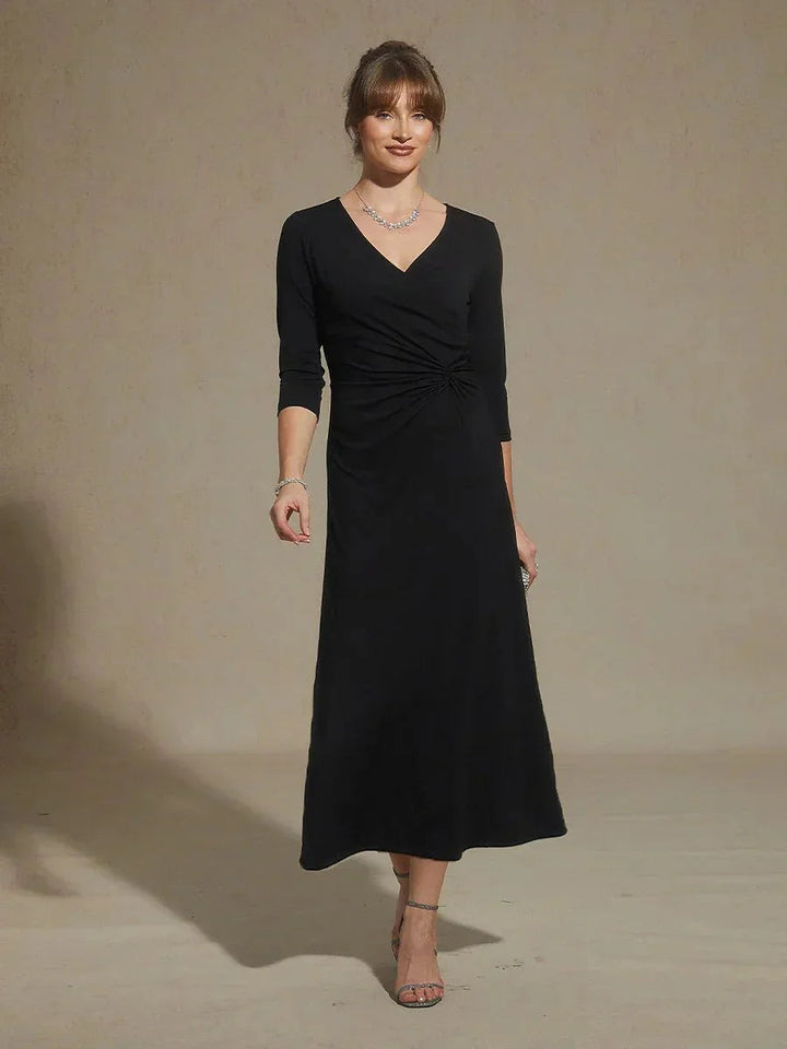 Black V-Neck A-Line Knit Dress with Waist Twist Design