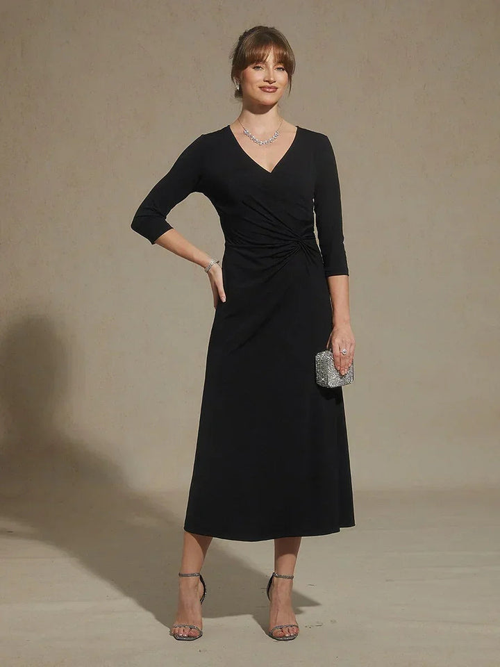 Black V-Neck A-Line Knit Dress with Waist Twist Design