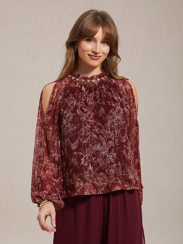 Ruffled Cold Shoulder Chiffon Blouse with Metallic Detail